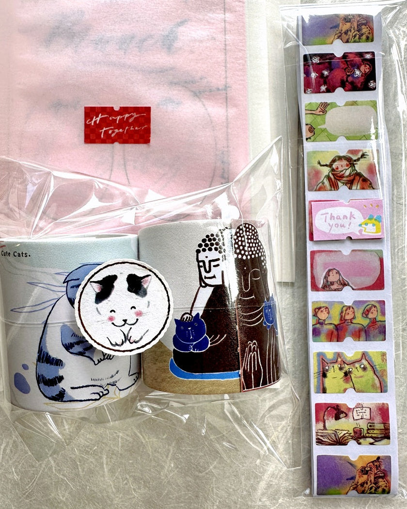 Yarnball - Cat & Buddha writable perforated memo paper tape SAMPLES