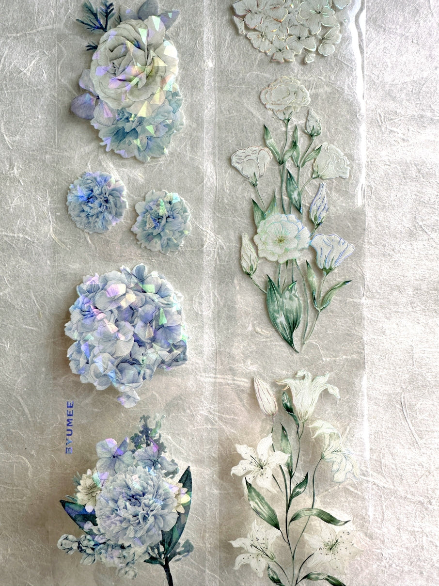 byumee - White Flowers silver foil PET tape SAMPLES