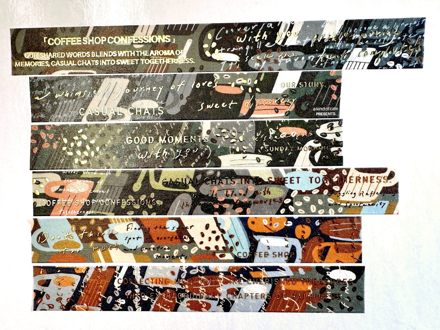 A Kind of Café - gold-foiled washi tapes (A Letter to Myself, Feel-Good Moments, Coffee Shop Confessions, & Rose Garden Serenade) SAMPLES