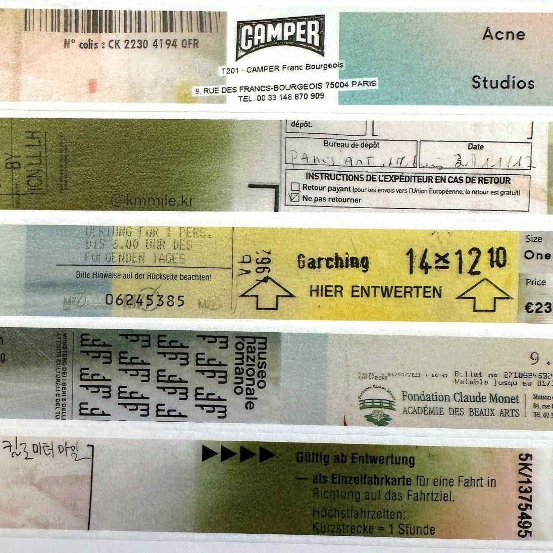 KMMILE - Receipts & Tickets Layered Together, Fantasy masking tape SAMPLES (1 meter)