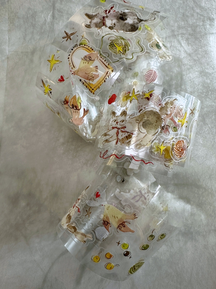 Meow Illustration - The Starry Night kiss-cut gold foil washi & PET tape (5 cm x 150 cm) SAMPLES