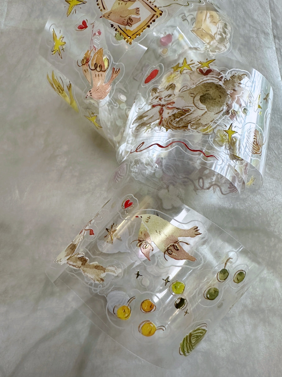 Meow Illustration - The Starry Night kiss-cut gold foil washi & PET tape (5 cm x 150 cm) SAMPLES
