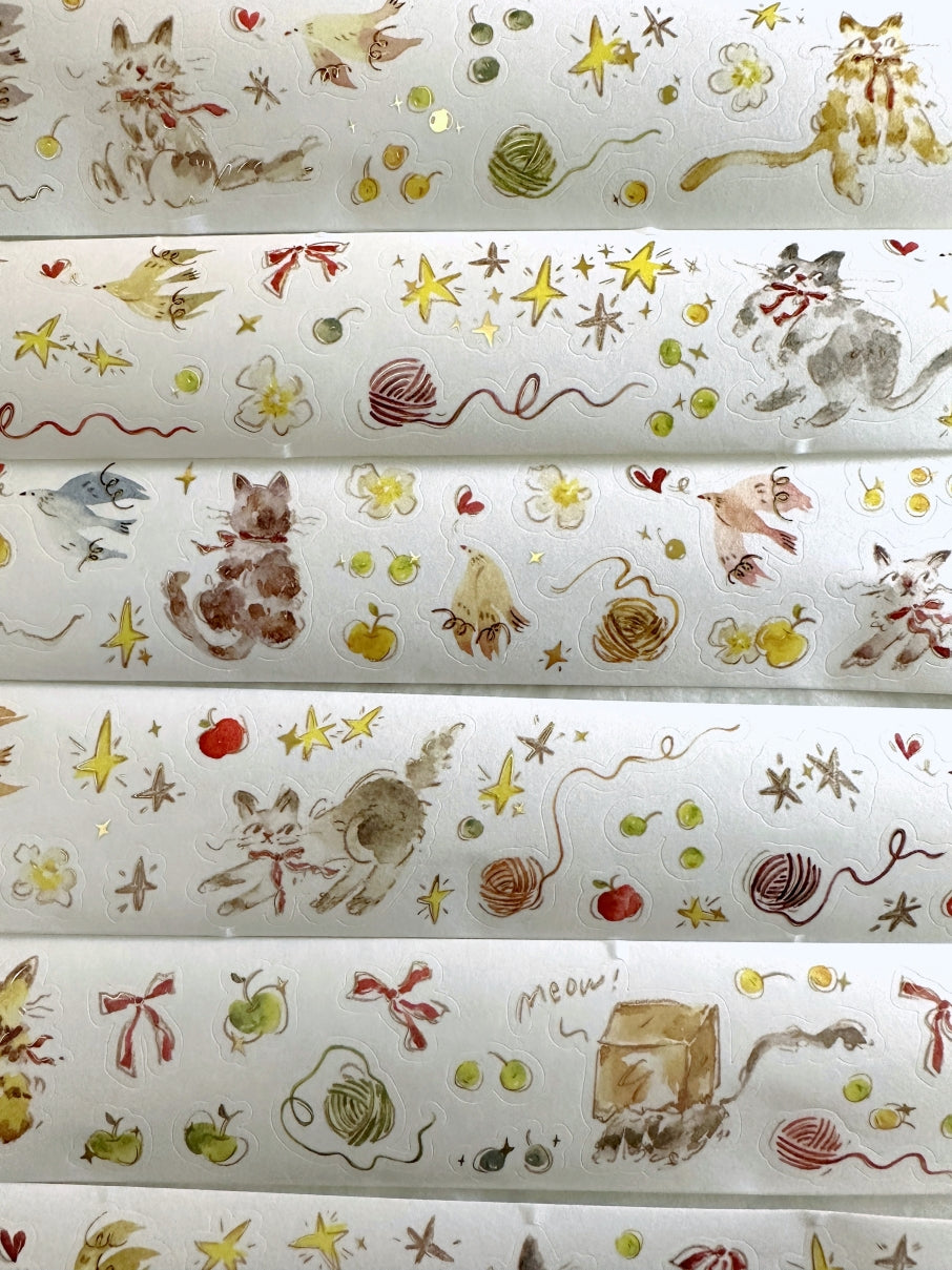 Meow Illustration - The Starry Night kiss-cut gold foil washi & PET tape (5 cm x 150 cm) SAMPLES