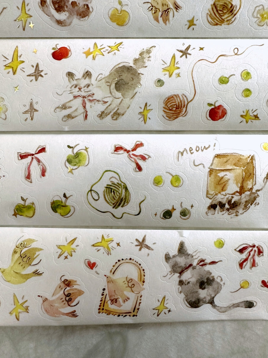 Meow Illustration - The Starry Night kiss-cut gold foil washi & PET tape (5 cm x 150 cm) SAMPLES