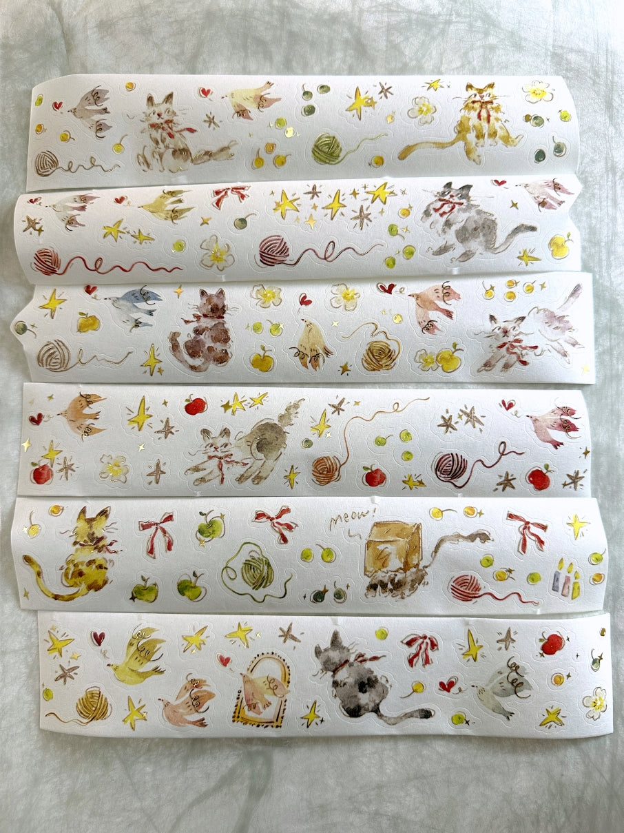 Meow Illustration - The Starry Night kiss-cut gold foil washi & PET tape (5 cm x 150 cm) SAMPLES