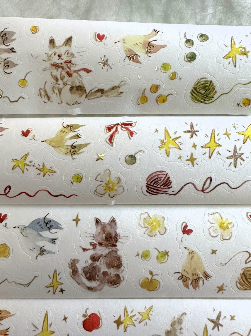 Meow Illustration - The Starry Night kiss-cut gold foil washi & PET tape (5 cm x 150 cm) SAMPLES