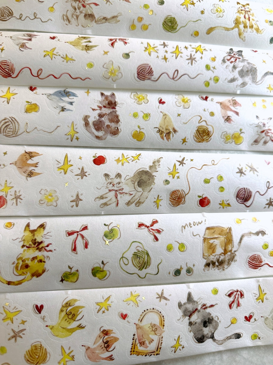 Meow Illustration - The Starry Night kiss-cut gold foil washi & PET tape (5 cm x 150 cm) SAMPLES