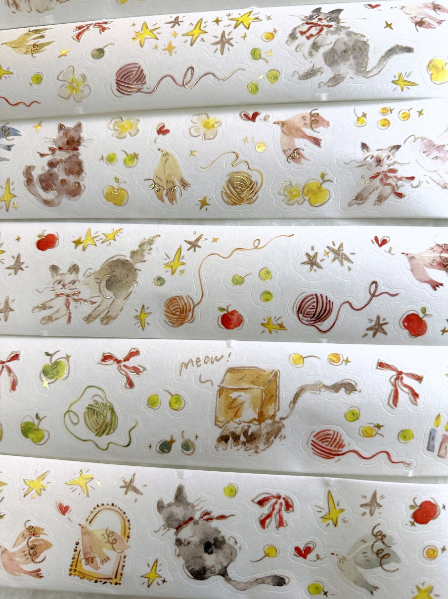 Meow Illustration - The Starry Night kiss-cut gold foil washi & PET tape (5 cm x 150 cm) SAMPLES