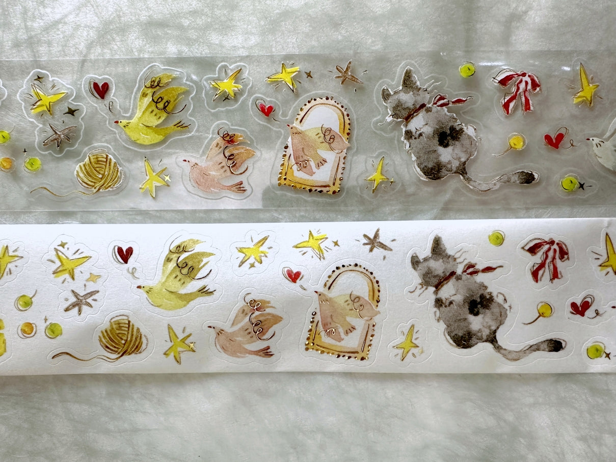 Meow Illustration - The Starry Night kiss-cut gold foil washi & PET tape (5 cm x 150 cm) SAMPLES