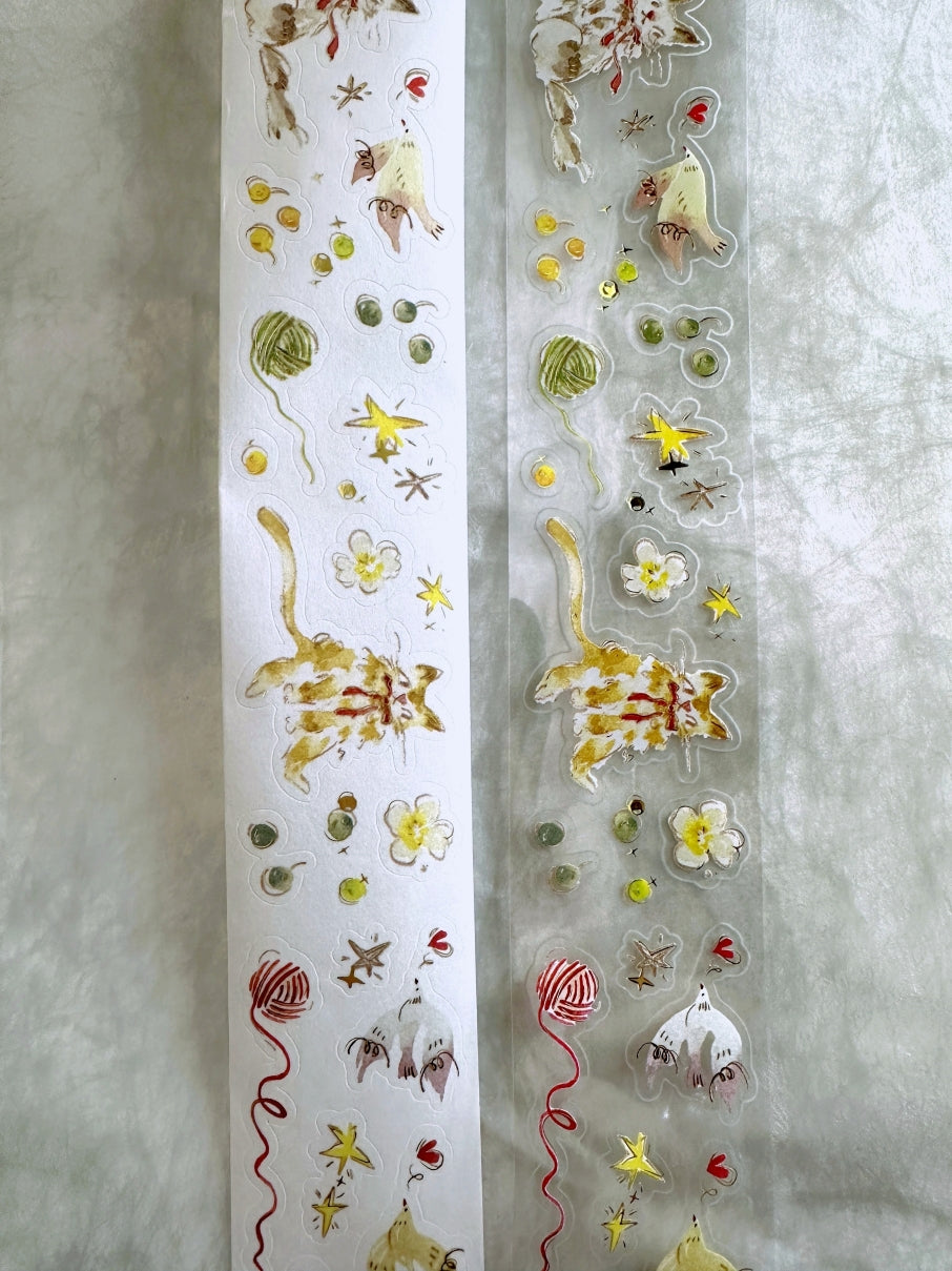 Meow Illustration - The Starry Night kiss-cut gold foil washi & PET tape (5 cm x 150 cm) SAMPLES