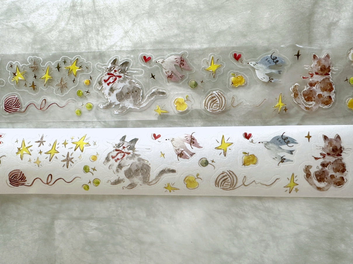 Meow Illustration - The Starry Night kiss-cut gold foil washi & PET tape (5 cm x 150 cm) SAMPLES