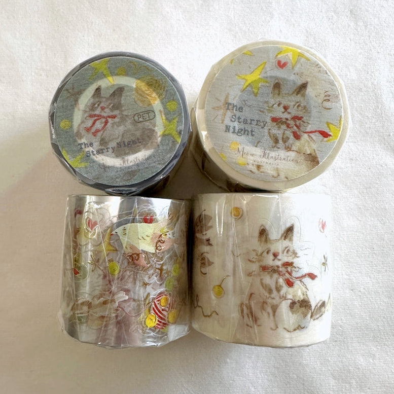 Meow Illustration - The Starry Night kiss-cut gold foil washi & PET tape (5 cm x 150 cm) SAMPLES
