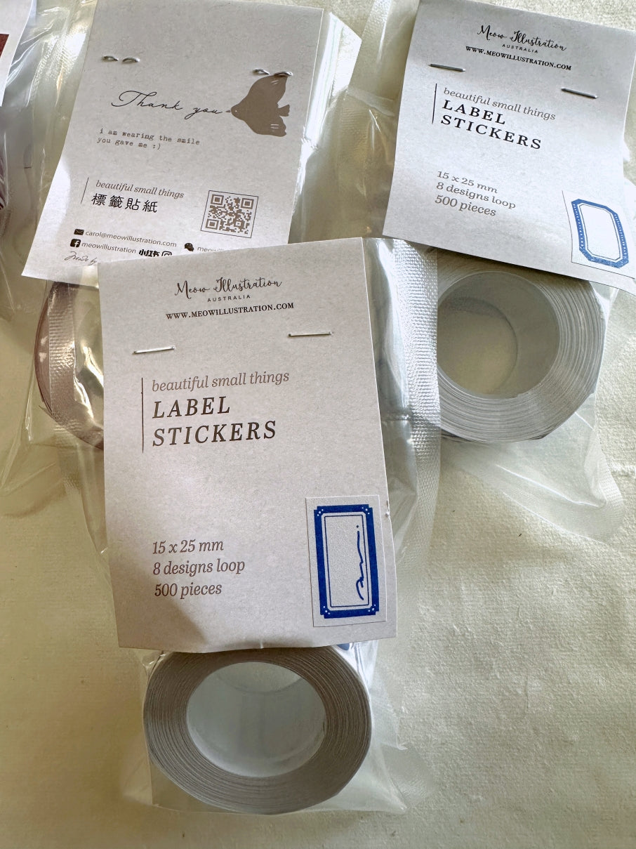 Meow Illustration - Blue & Garnet writable label sticker rolls SAMPLES