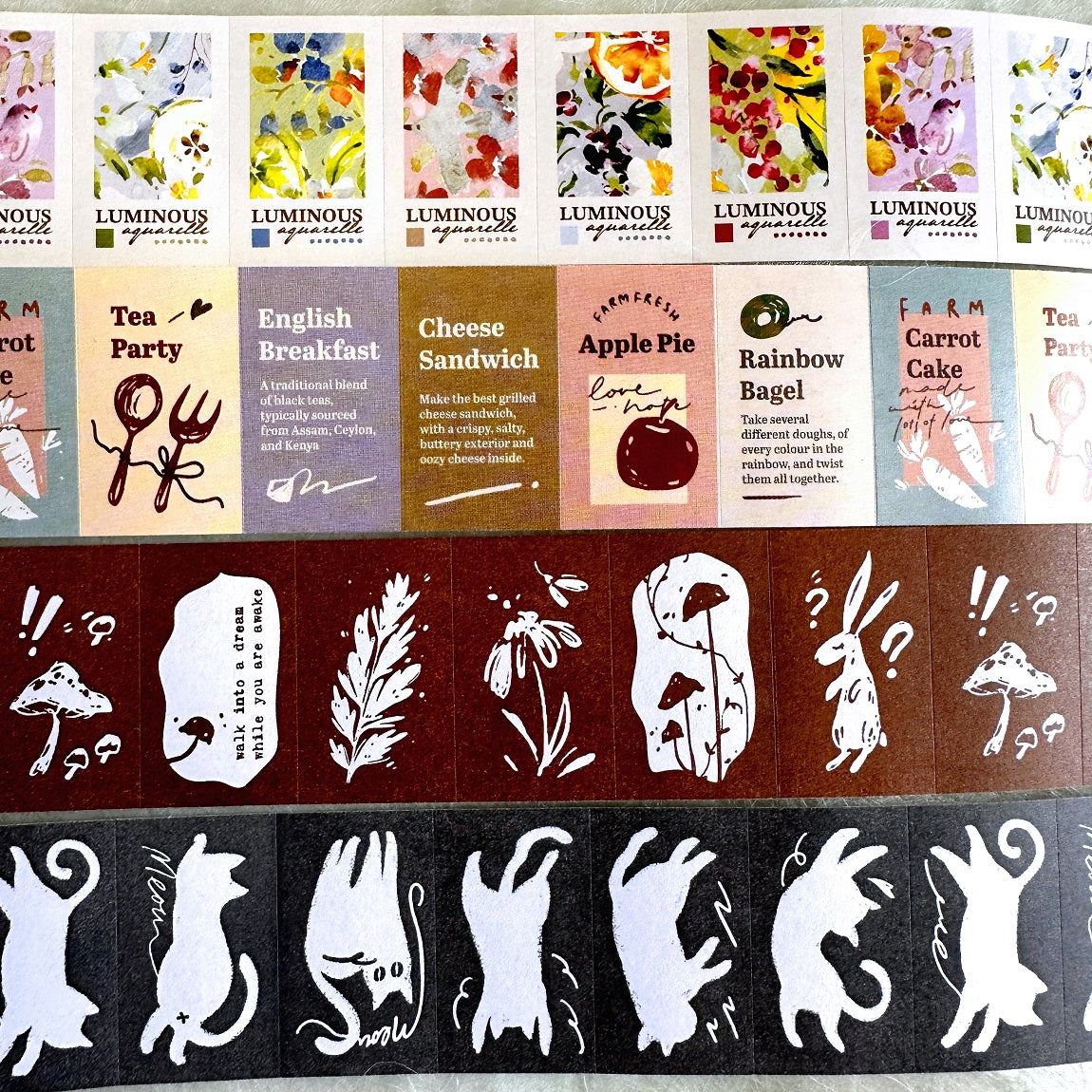 Meow Illustration - Luminous, Teaparty, Wonderland Rabbits, & Twisty Cats label sticker rolls SAMPLES