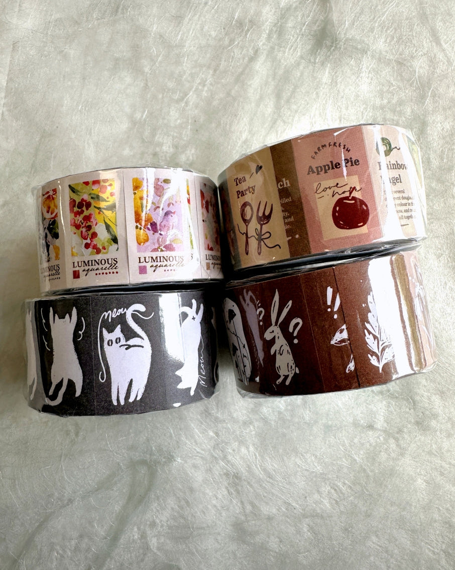 Meow Illustration - Luminous, Teaparty, Wonderland Rabbits, & Twisty Cats label sticker rolls SAMPLES