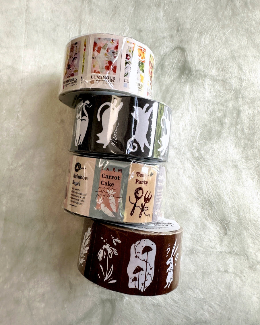 Meow Illustration - Luminous, Teaparty, Wonderland Rabbits, & Twisty Cats label sticker rolls SAMPLES