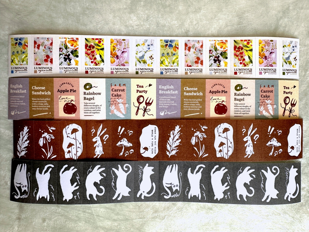 Meow Illustration - Luminous, Teaparty, Wonderland Rabbits, & Twisty Cats label sticker rolls SAMPLES