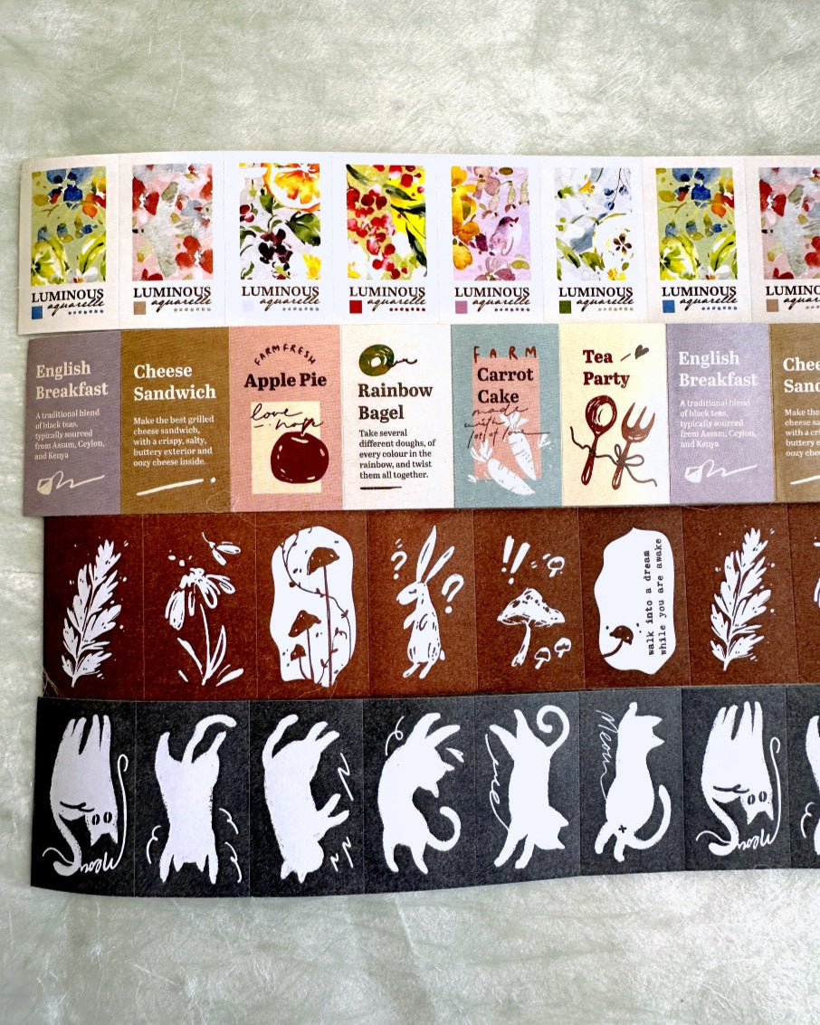 Meow Illustration - Luminous, Teaparty, Wonderland Rabbits, & Twisty Cats label sticker rolls SAMPLES