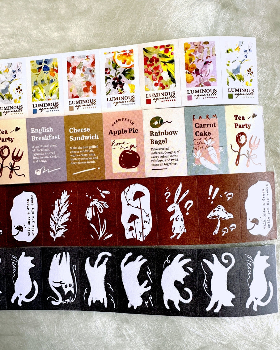 Meow Illustration - Luminous, Teaparty, Wonderland Rabbits, & Twisty Cats label sticker rolls SAMPLES