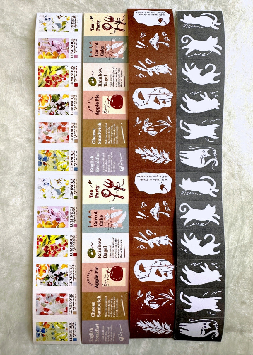 Meow Illustration - Luminous, Teaparty, Wonderland Rabbits, & Twisty Cats label sticker rolls SAMPLES