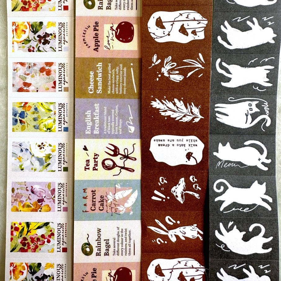 Meow Illustration - Luminous, Teaparty, Wonderland Rabbits, & Twisty Cats label sticker rolls SAMPLES