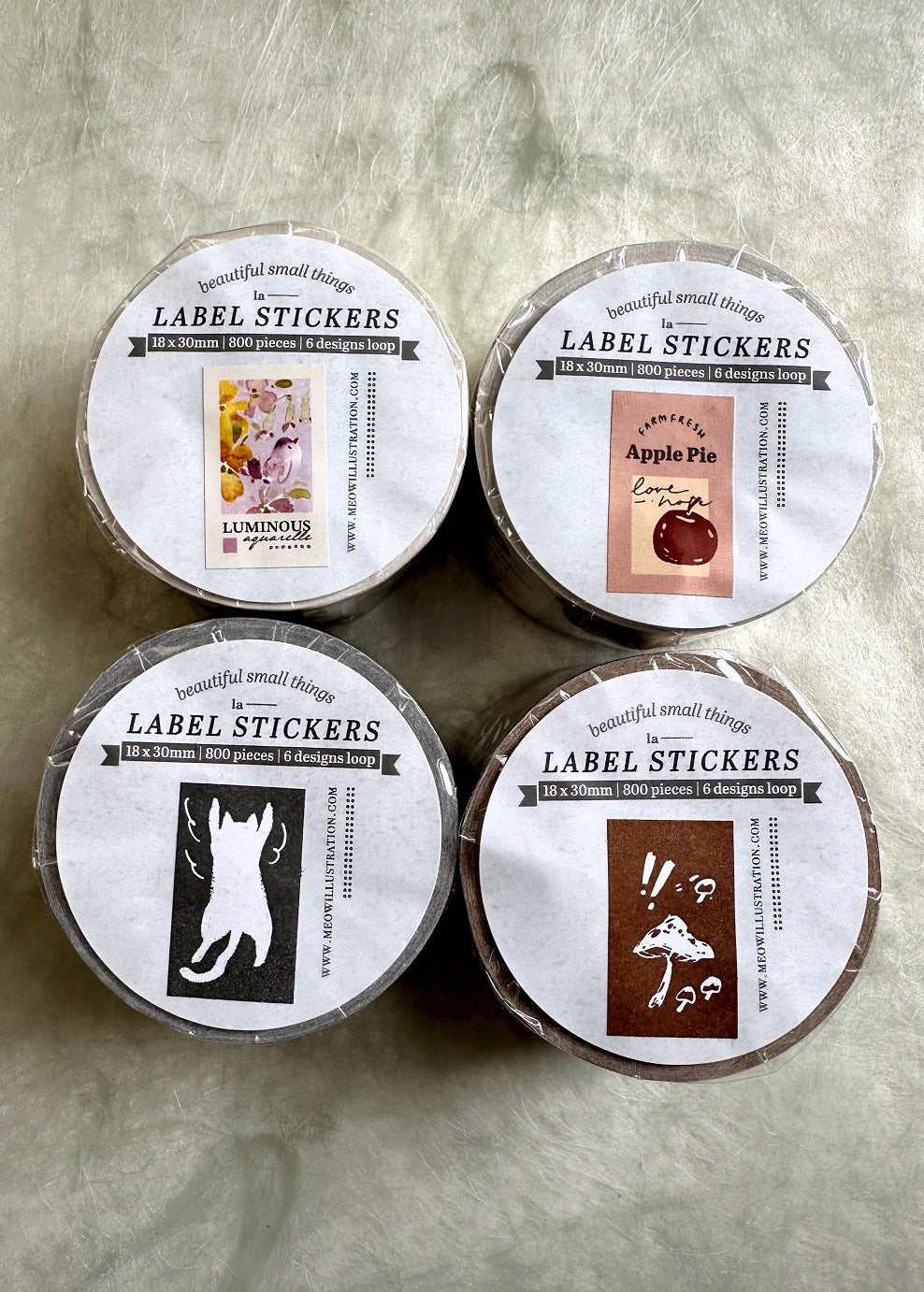 Meow Illustration - Luminous, Teaparty, Wonderland Rabbits, & Twisty Cats label sticker rolls SAMPLES