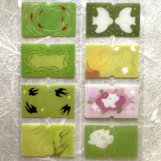 Summery green serene scenes glitter label sticker roll SAMPLES