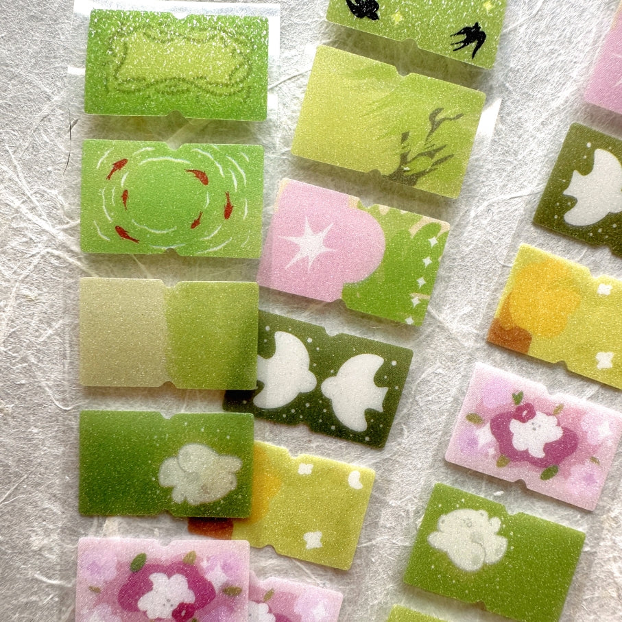 Summery green serene scenes glitter label sticker roll SAMPLES