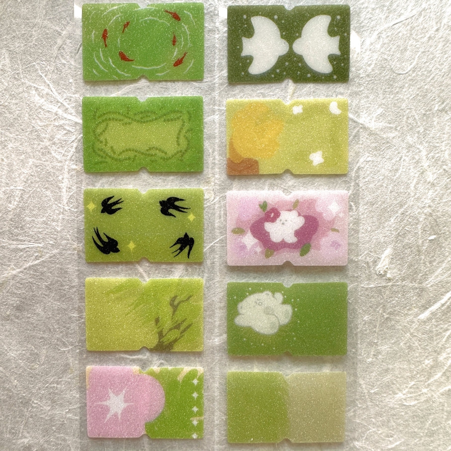 Summery green serene scenes glitter label sticker roll SAMPLES