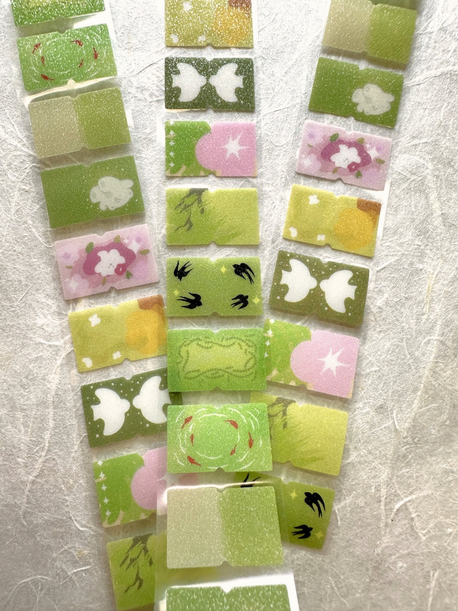Summery green serene scenes glitter label sticker roll SAMPLES