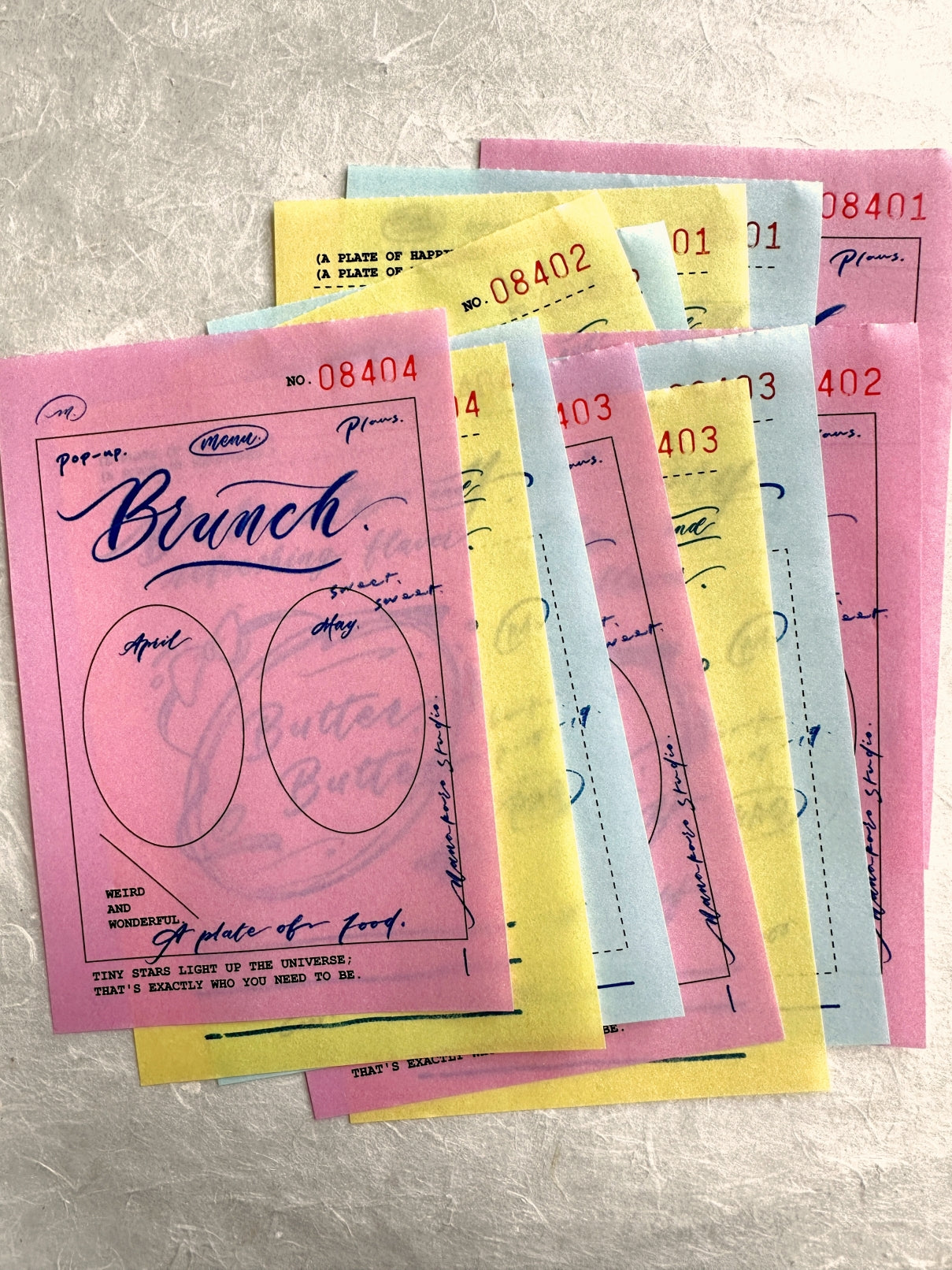 Mr. Eggplants - Butter Butter tricolor memo ephemera paper SAMPLES