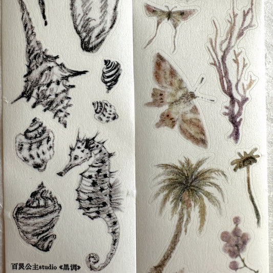 Princess Studio - Black/Colorful botanical art kiss-cut washi tapes (4.5 cm x 160 cm) SAMPLES