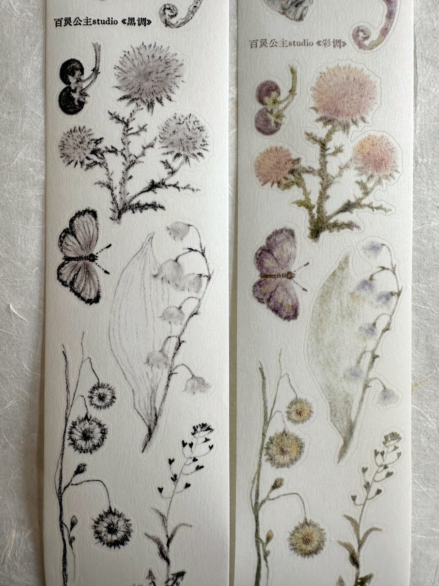 Princess Studio - Black/Colorful botanical art kiss-cut washi tapes (4.5 cm x 160 cm) SAMPLES