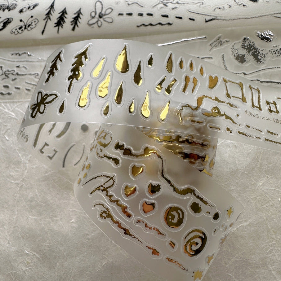 Princess Studio - Casual Doodles Gold/Silver kiss-cut PET tape (3.5 cm x 250 cm) SAMPLES (HALF-ROLL)