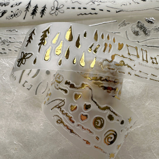 Princess Studio - Casual Doodles Gold/Silver kiss-cut PET tape (3.5 cm x 250 cm) SAMPLES (HALF-ROLL)