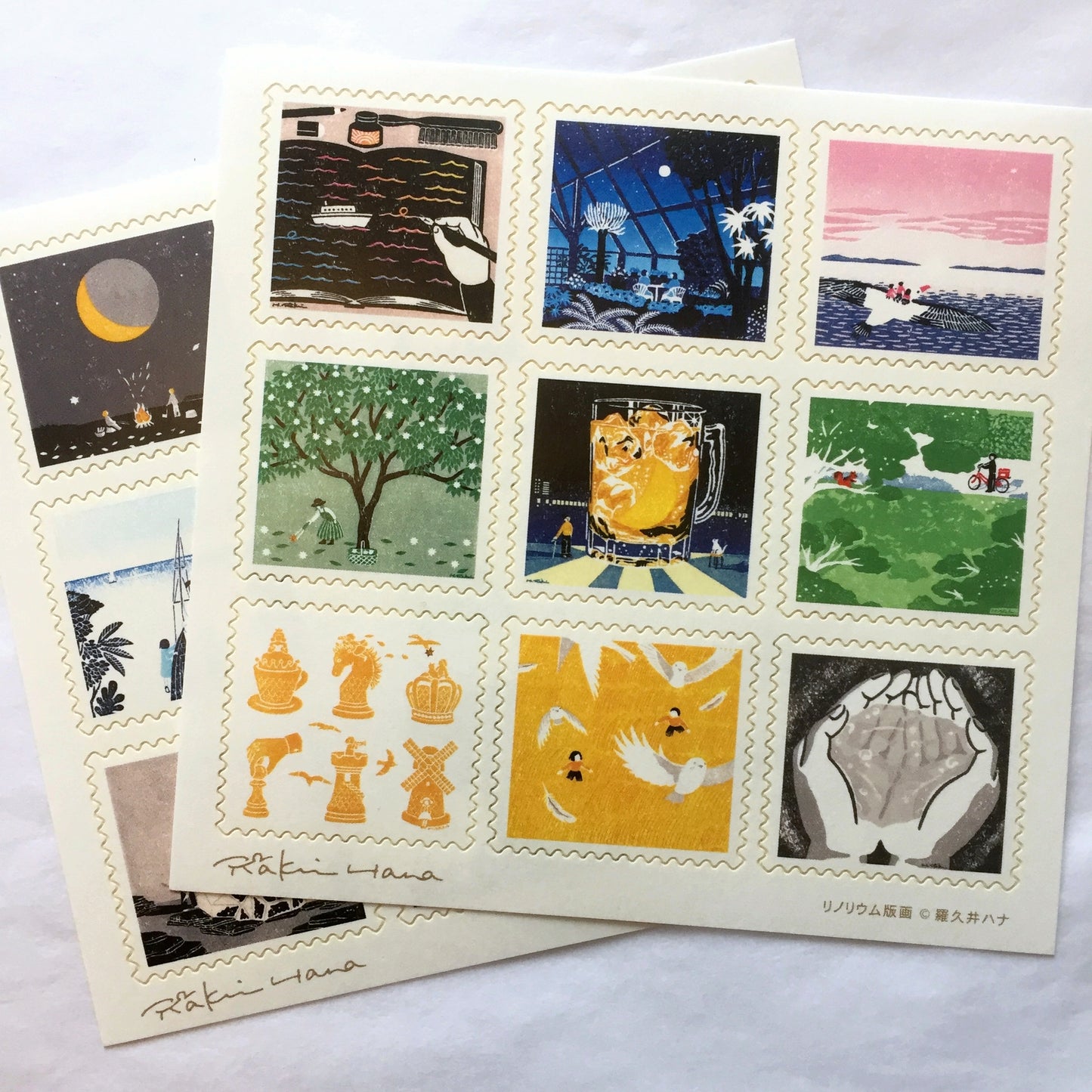 Linocut Prints by Rakui Hana - stamp-cut sticker sheet