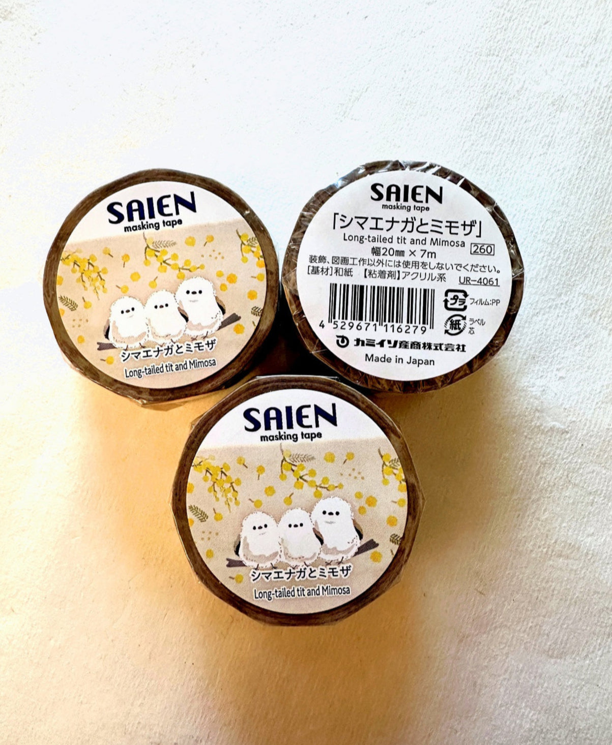 SAIEN - Long-Tailed Tit and Mimosa washi tape (Whole Roll)