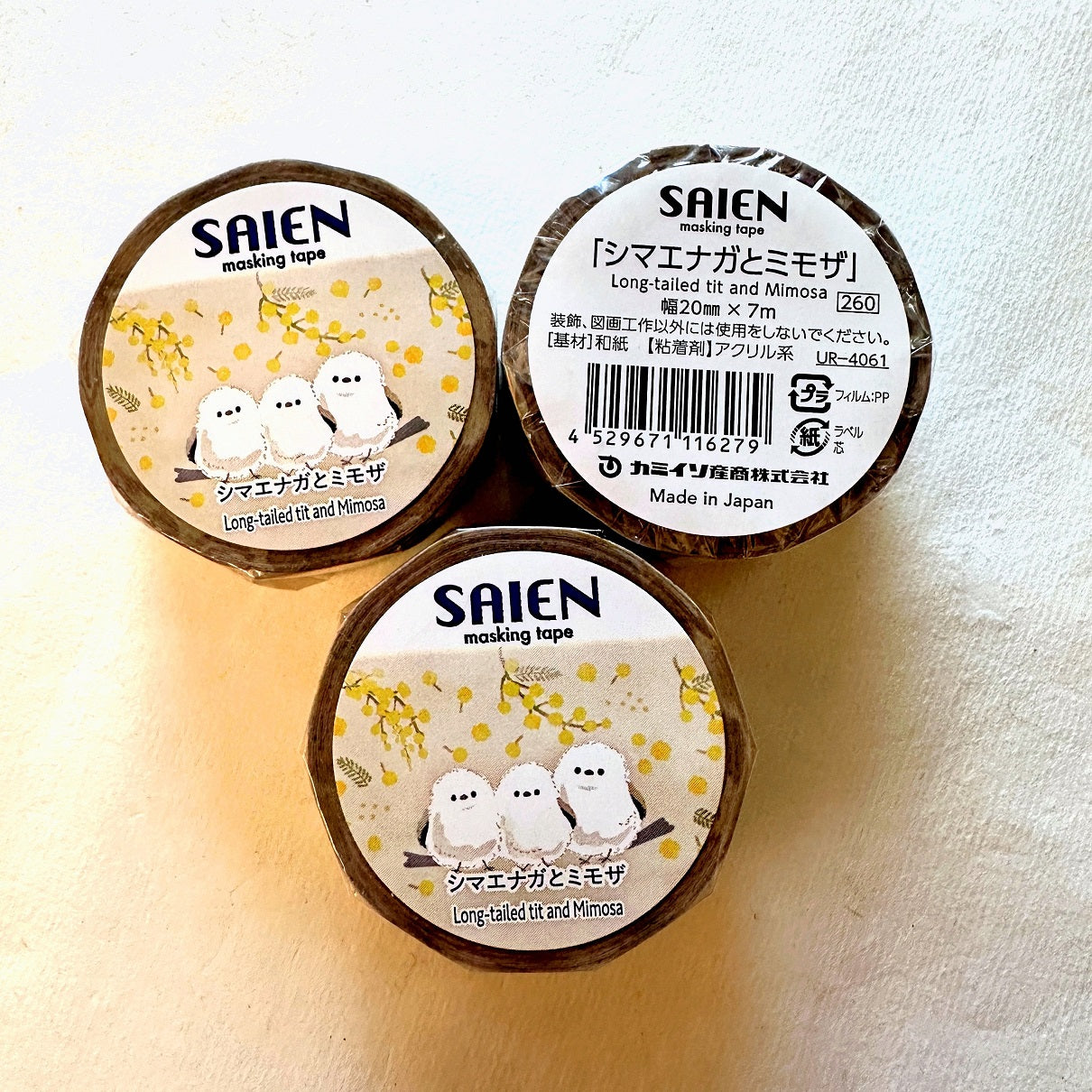 SAIEN - Long-Tailed Tit and Mimosa washi tape (Whole Roll)