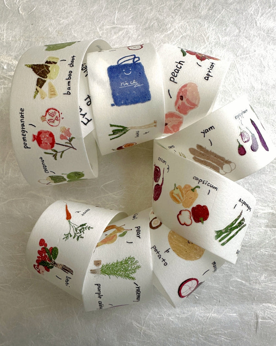 Two Raccoons x Aimee - Fruits & Vegetables kiss-cut washi tape (3.5 cm x 140 cm) SAMPLES