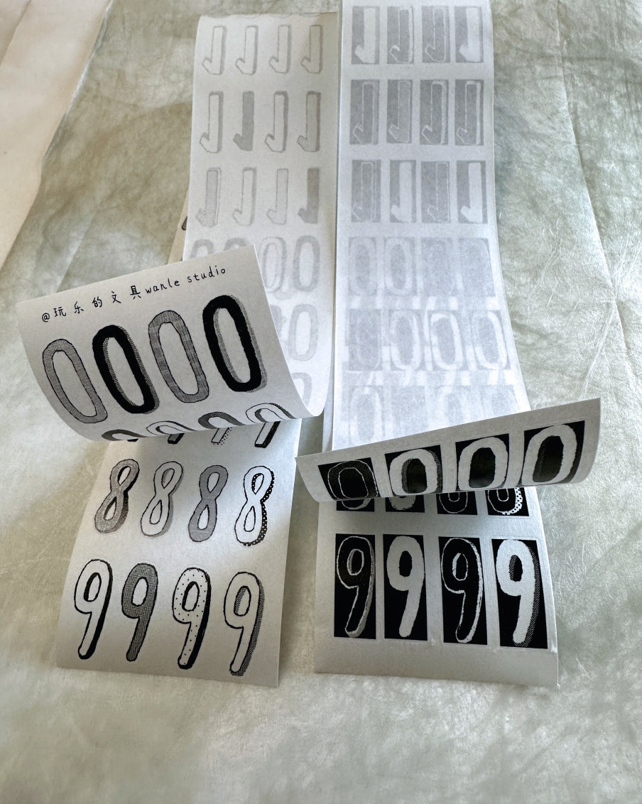 Wanle Studio - B&W Long Numbers kiss-cut washi & PET tape SAMPLES