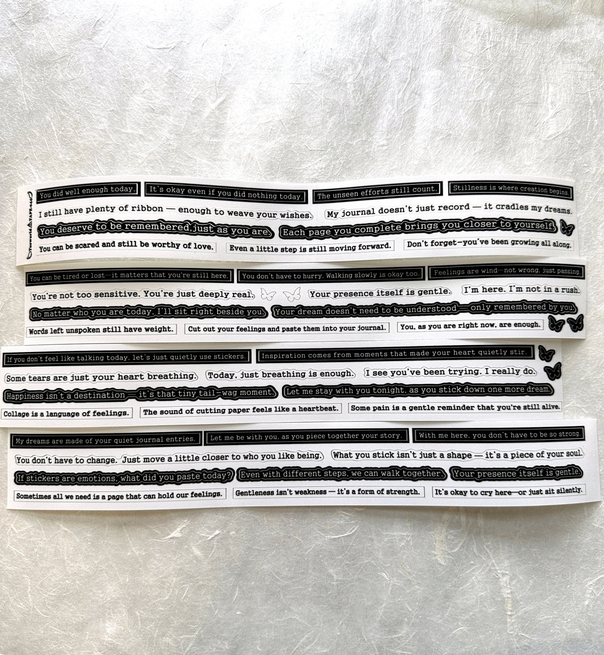 Yusworld - Woven Whispers kiss-cut glitter tape SAMPLES (healing phrases for journaling)