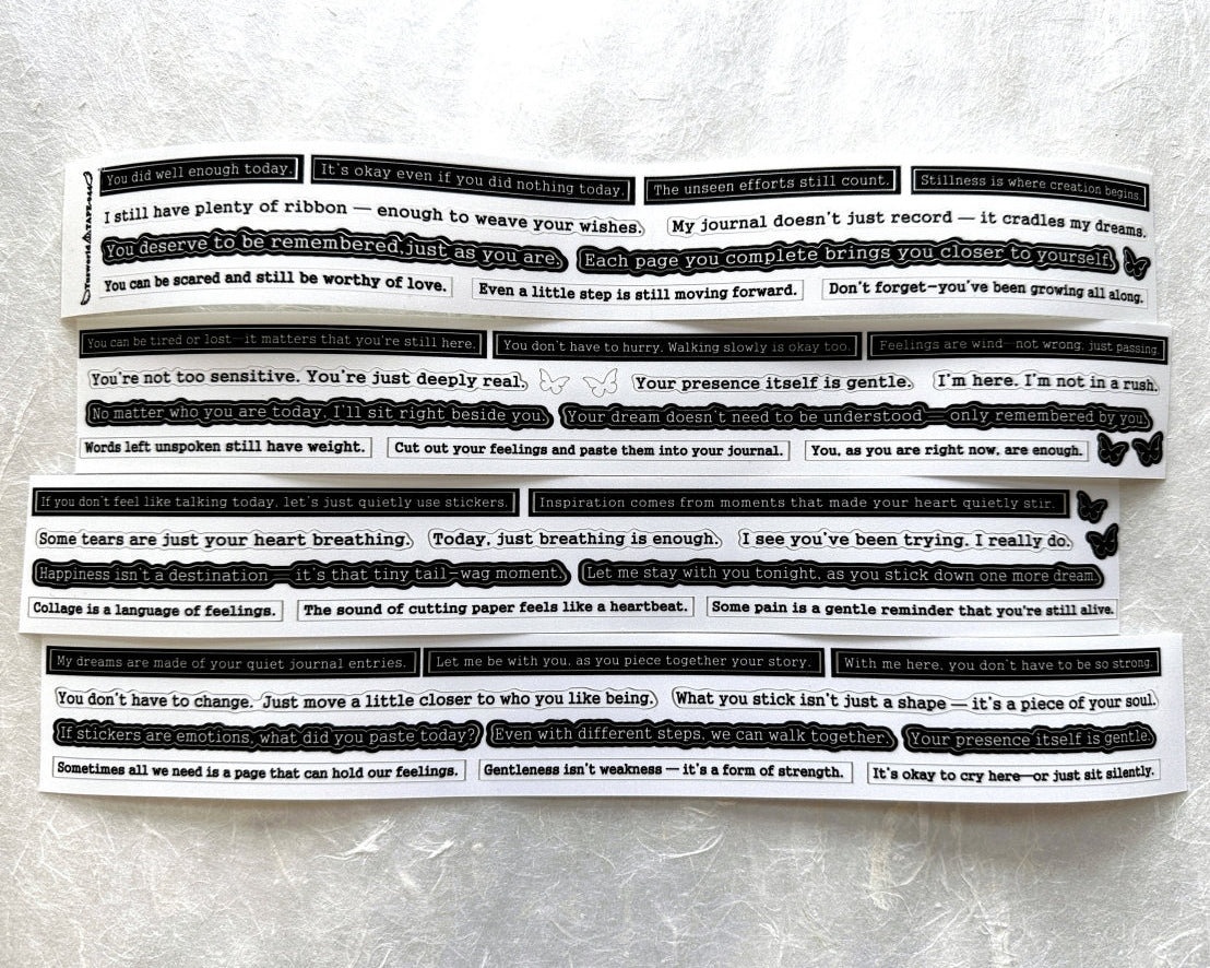 Yusworld - Woven Whispers kiss-cut glitter tape SAMPLES (healing phrases for journaling)
