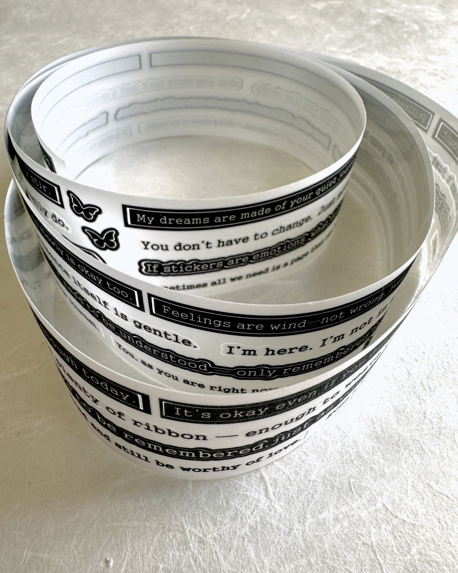 Yusworld - Woven Whispers kiss-cut glitter tape SAMPLES (healing phrases for journaling)