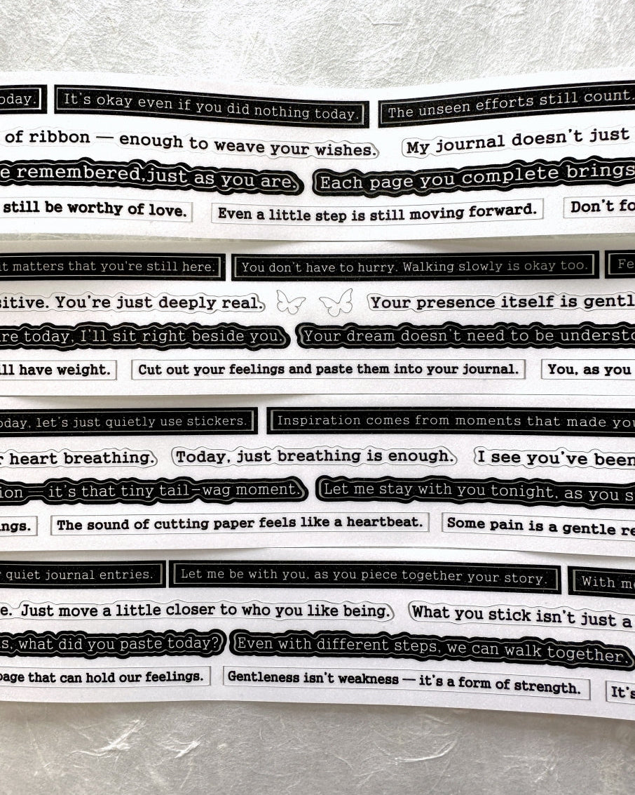 Yusworld - Woven Whispers kiss-cut glitter tape SAMPLES (healing phrases for journaling)