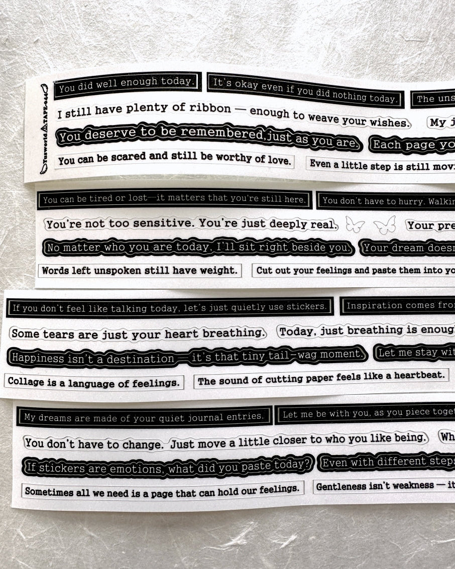 Yusworld - Woven Whispers kiss-cut glitter tape SAMPLES (healing phrases for journaling)