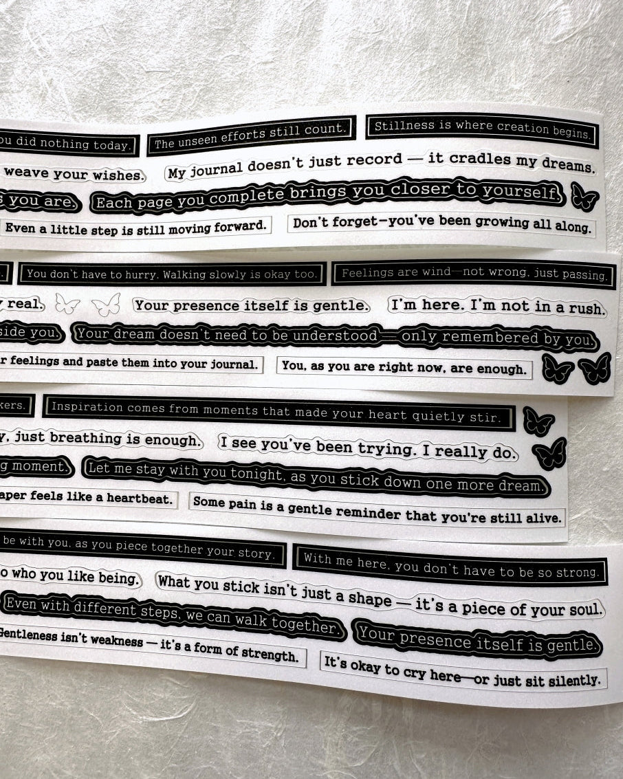 Yusworld - Woven Whispers kiss-cut glitter tape SAMPLES (healing phrases for journaling)