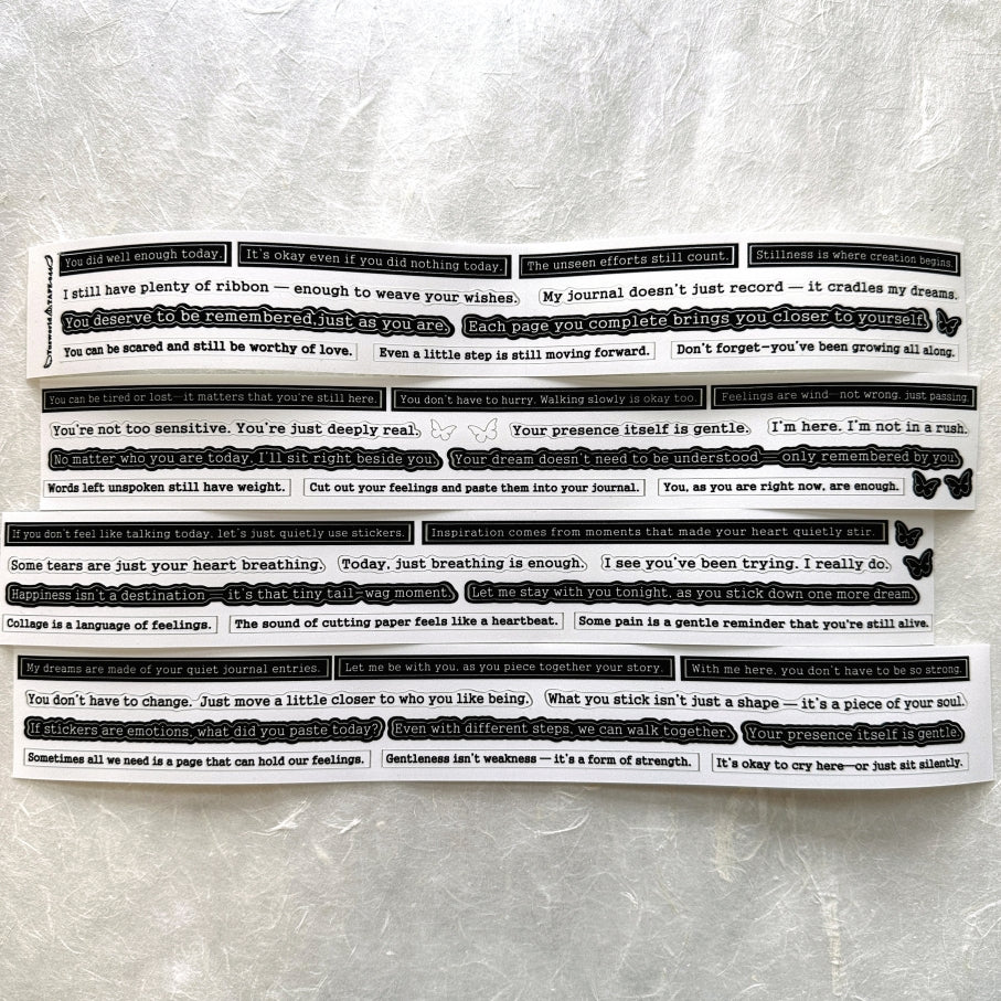 Yusworld - Woven Whispers kiss-cut glitter tape SAMPLES (healing phrases for journaling)