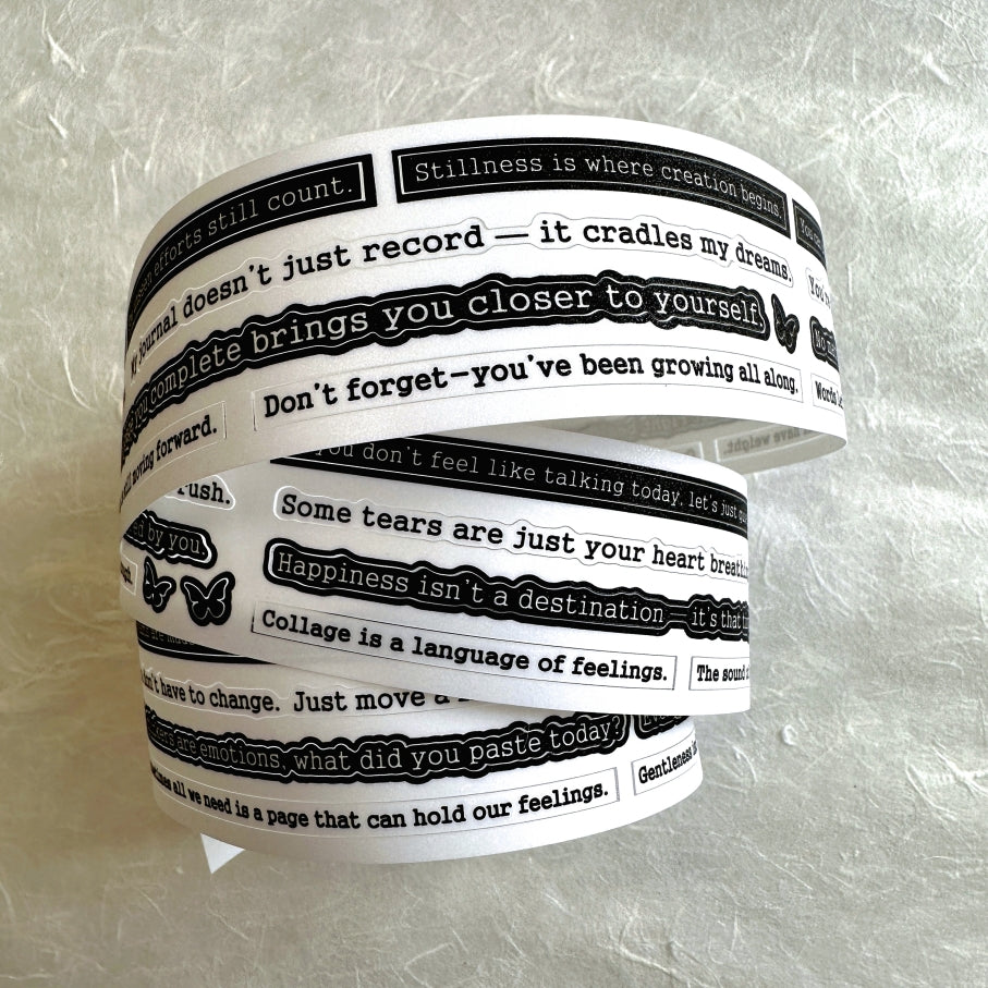 Yusworld - Woven Whispers kiss-cut glitter tape SAMPLES (healing phrases for journaling)