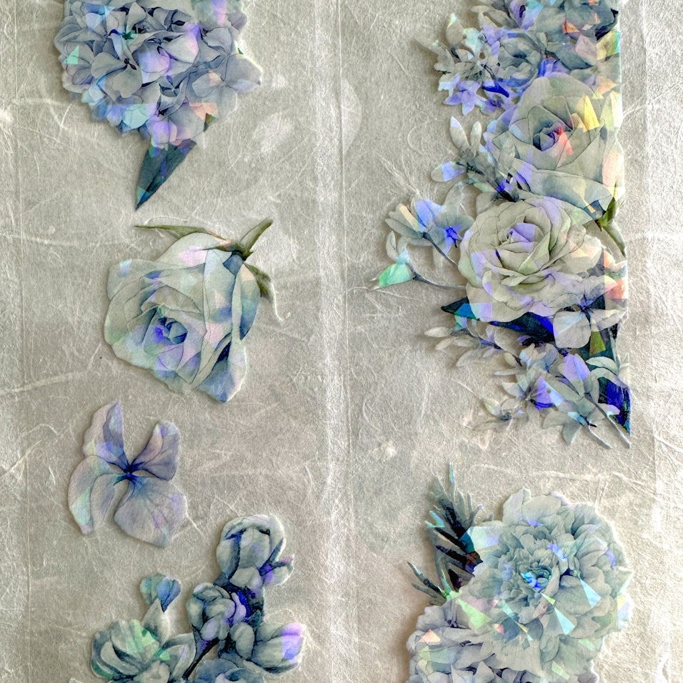 byumee - Dusty Blue Flowers iridescent PET tape SAMPLES