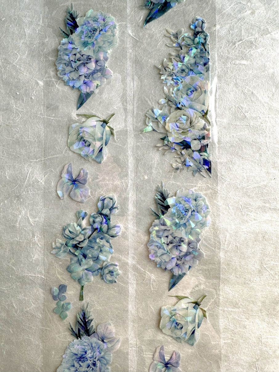 byumee - Dusty Blue Flowers iridescent PET tape SAMPLES